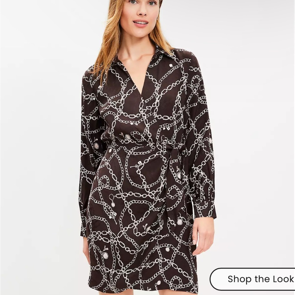 Loft Size 10 Brown Chain Print Mini Wrap Dress NEW